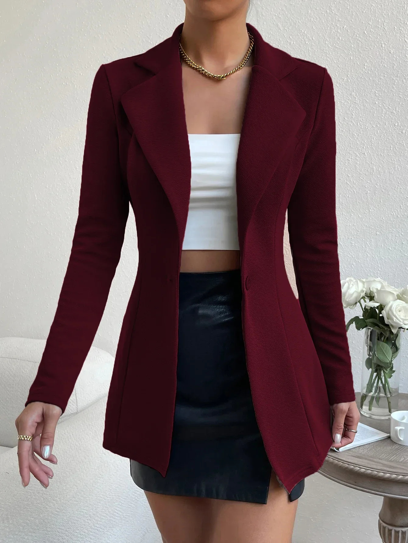 Solid Button Front Blazer Elegant Long Sleeve Slim Blazer For Office Work Womens Clothing 241209
