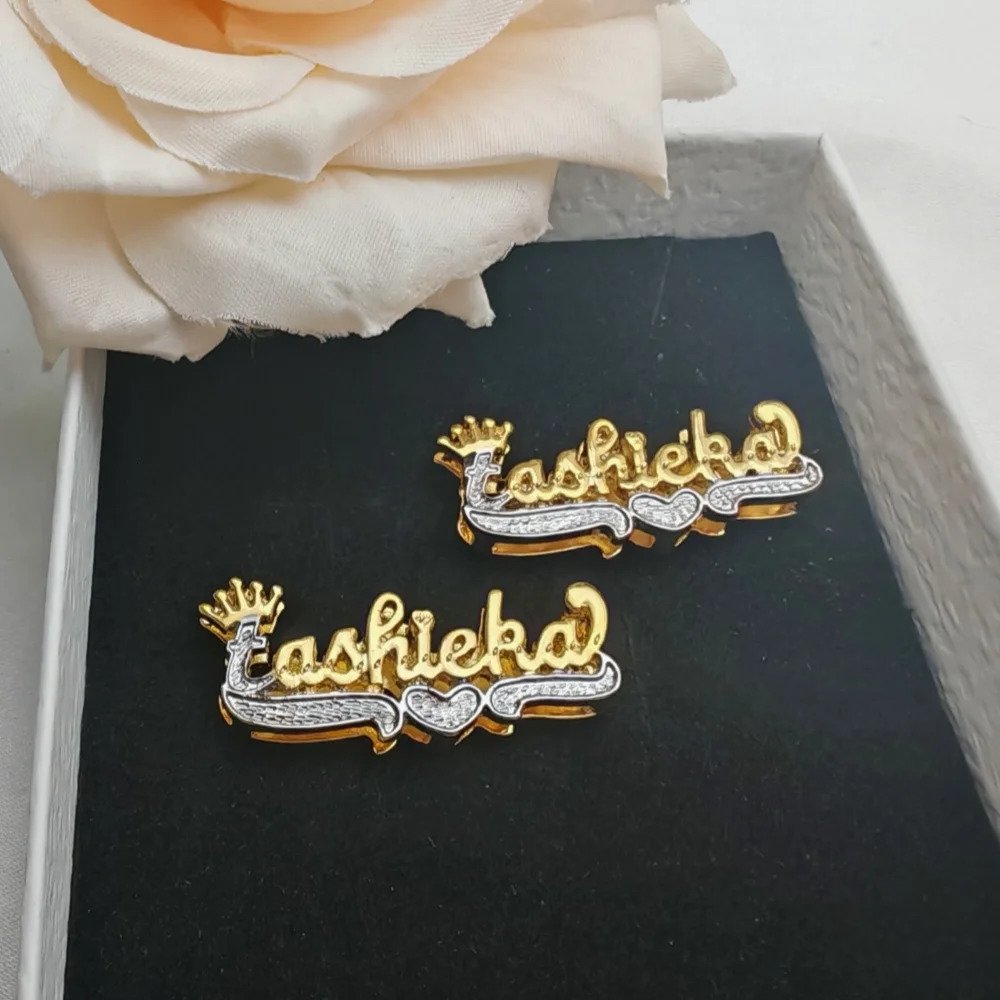 LeeChee Crown Double Layer Custom Name Earstuds Two Tone 3D Nameplate Earrings Jewelry For Women Men Gift 241209