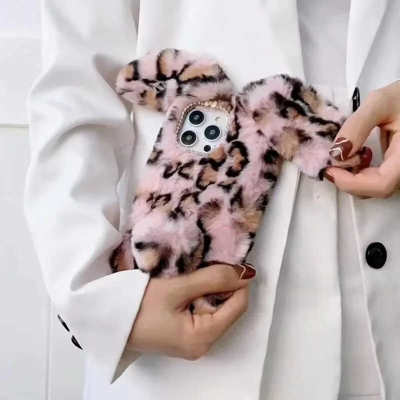 Hot Sale Warm Winter Leopard Printed Rabbit Plush Soft Case iPhone Case 16 15 14 13 12 11 Pro XR XS Max 7 8 Plus Soft Phone Y2K Cover T241209