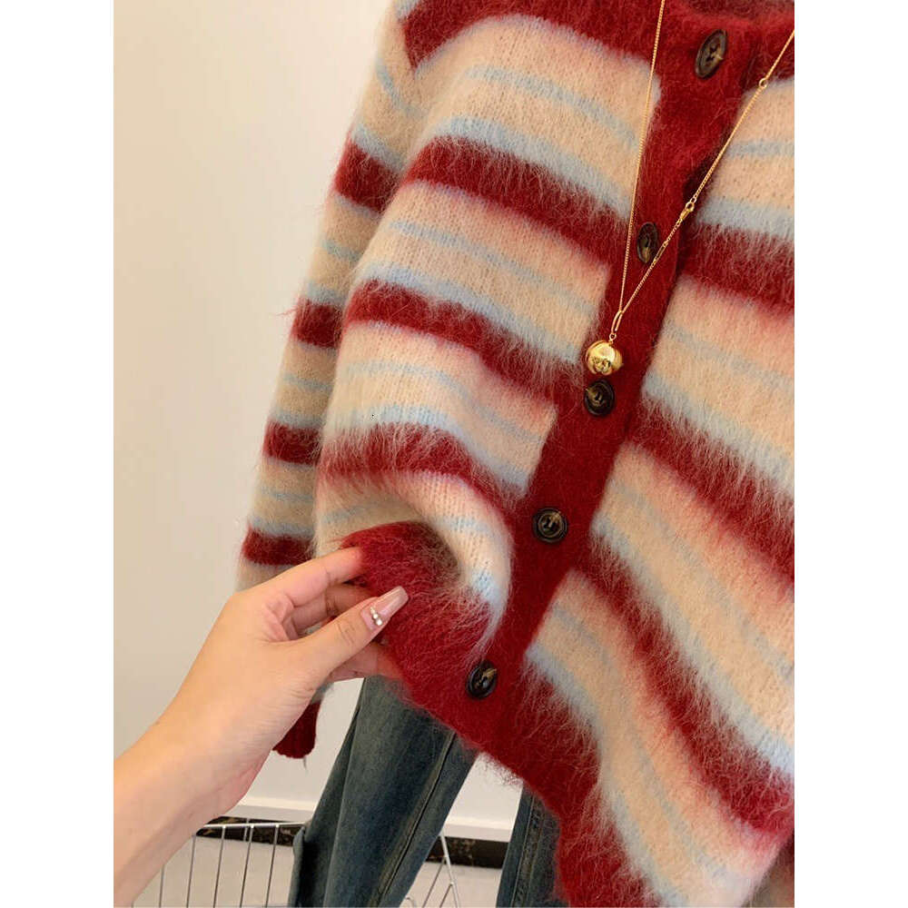 Autumn Winter New Sweet Red Striped Mohair Knitting Cardigan For Women Fashion Round Collar Single Breasted Sweater Coats