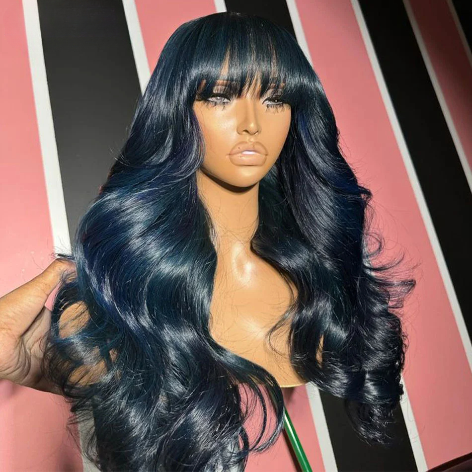 180density Chocolate Brown Body HD Lace Frontal Human Hair Wigs Water Wave Colored Synthetic Wig with Bangs 250 Density 40Inch