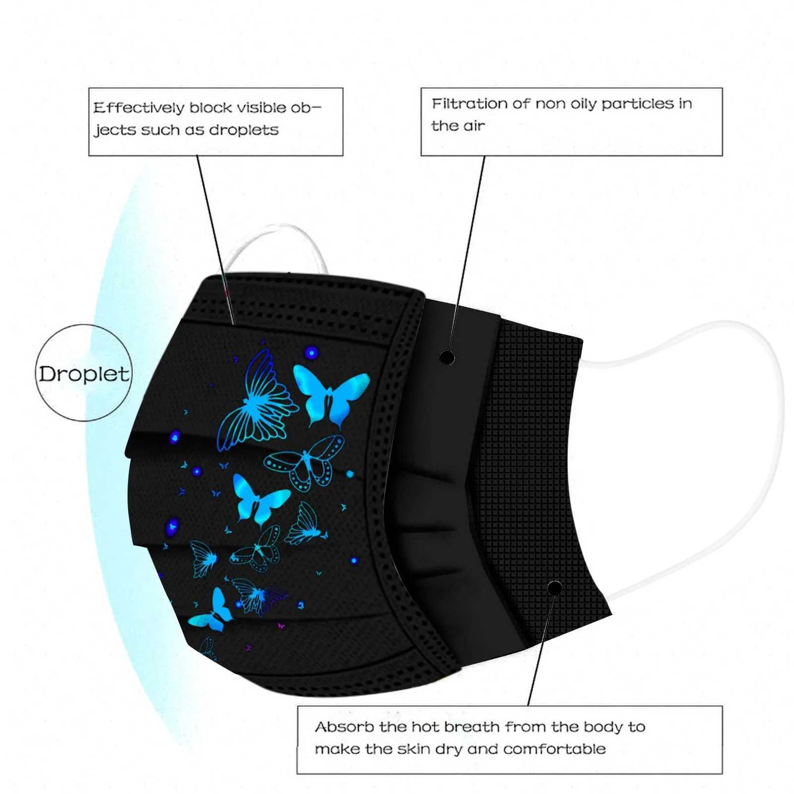 10pcs Fashion Black 3d Butterfly Mask Adult Disposable Face Masks Non-woven 3 Layers Breathable Masken Masque Noir MascarillasXJ241209