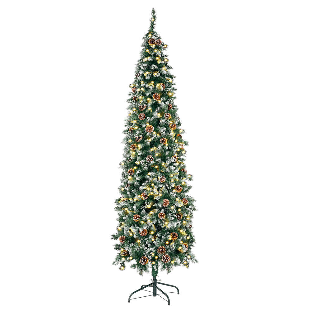 7.5 Ft Pre-Decorated Pencil Christmas Holiday Tree w Clear Pine cones 955 PVC cked Frosted Tips 400 LED Lights