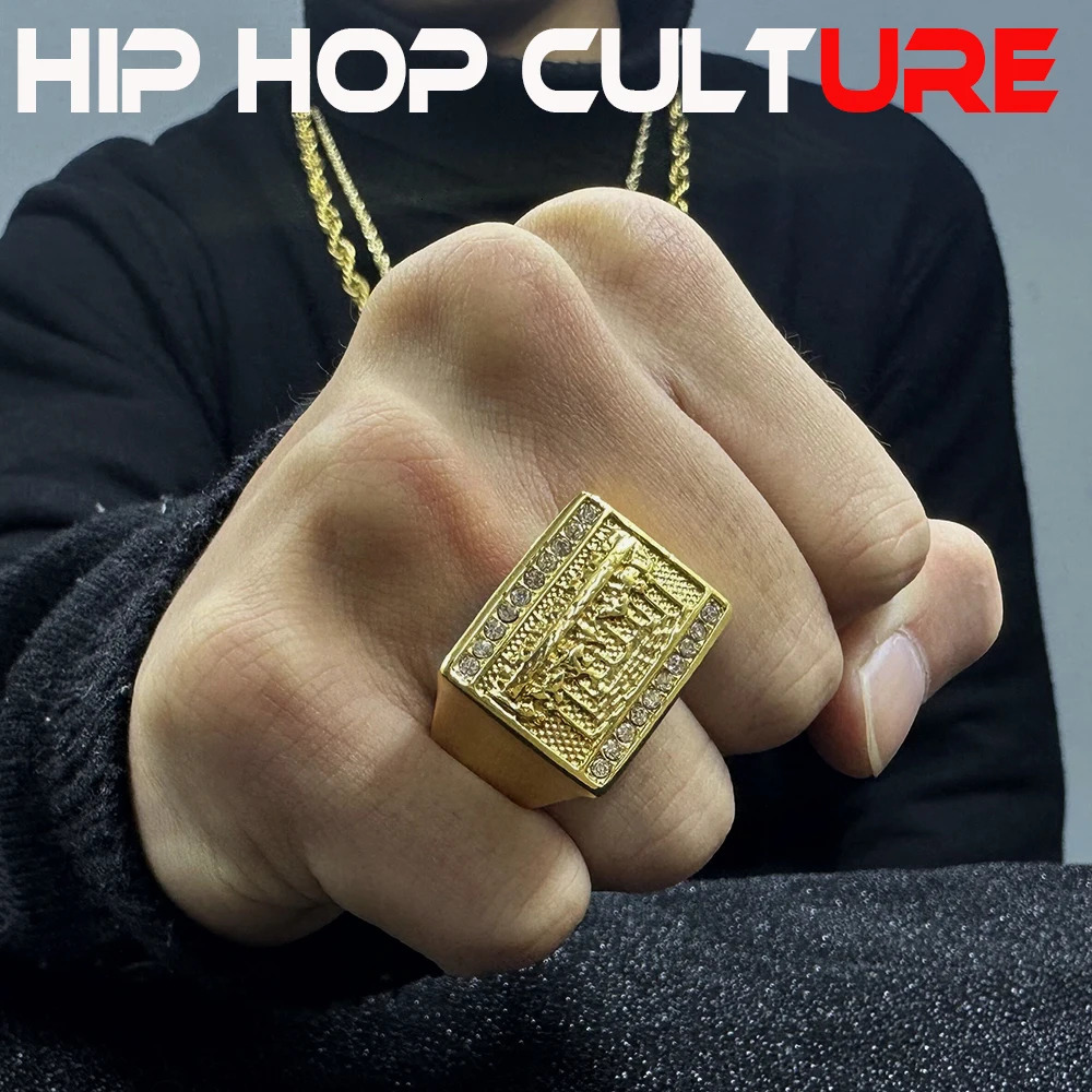Hip Hop Trendy Ring Diamond Inlay 18K Gold Plated Exquisite Carving Suitable for Street Gangs Nightclub Parties 241209