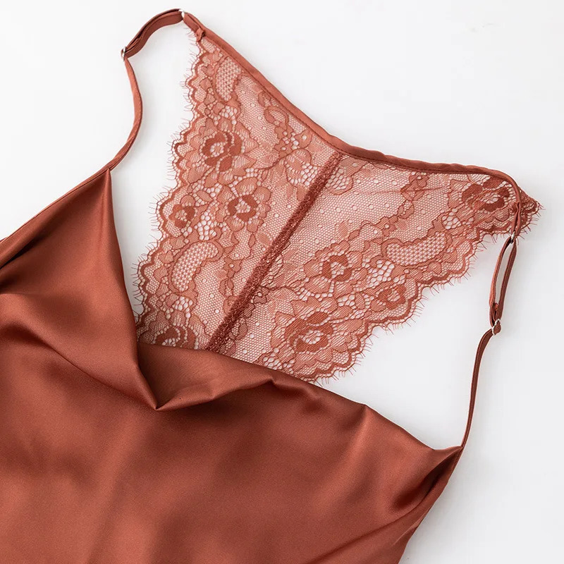 Suspender Nightgown Women Chemise Sleepwear Nightdress Sexy Lace Backless Nightwear Dressing Gown Satin Home Wear Loungewear 241209