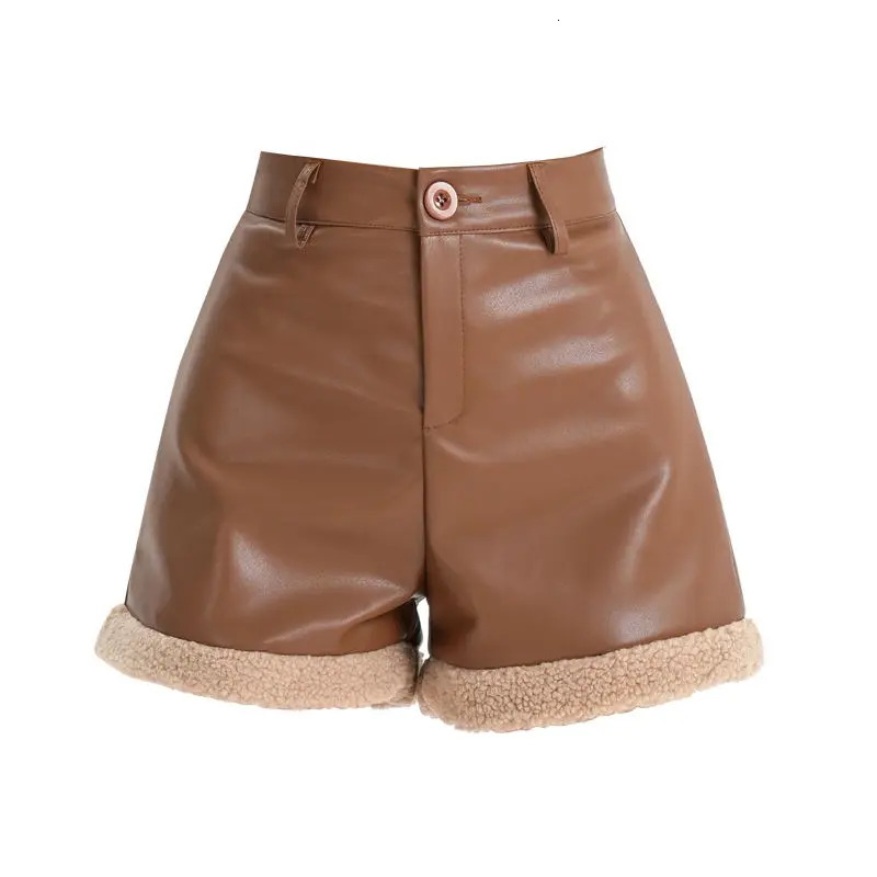 Khaki shorts autumn cashmere patchwork PU leather high waist wide leg boots casual long legs and pants 241206