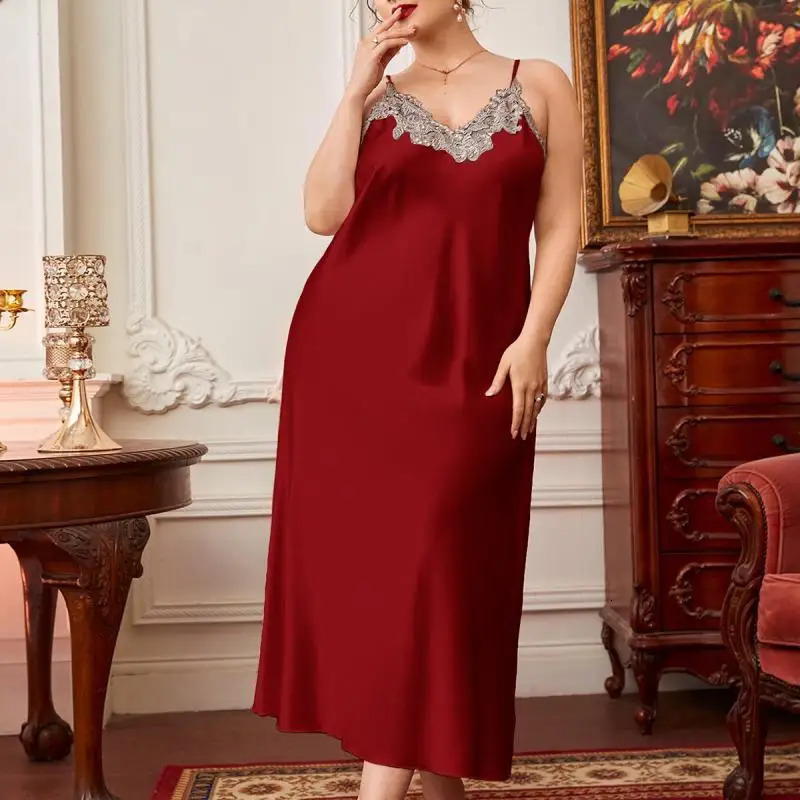 Women Sexy Sleepwear Nightdress Lace Silk Satin Night Dress Sleeveless Nighties V-neck Nightgown Plus Size Nightwear 241209