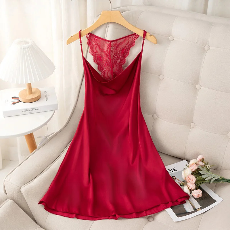 Suspender Nightgown Women Chemise Sleepwear Nightdress Sexy Lace Backless Nightwear Dressing Gown Satin Home Wear Loungewear 241209