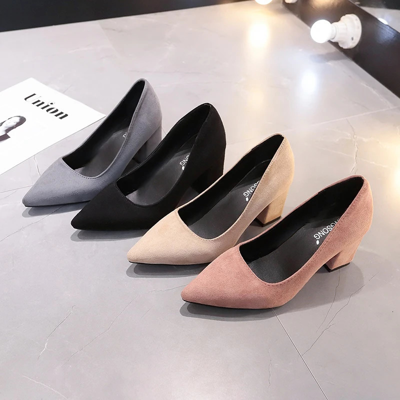 Women Pumps Flock Sweet Thick High Heels Female Sexy Office Pointed Toe Dress Work Pump Cute Shoes Ladies Footwear 241209