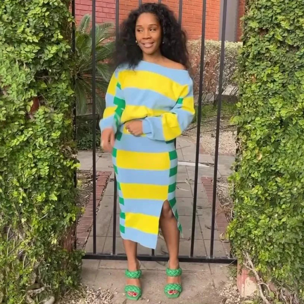 2025 Womens Long Sleeve Striped In Dress Sets Spring Autumn Fashion 2 Piece Set Outfit Skirts Suit Casual 241202