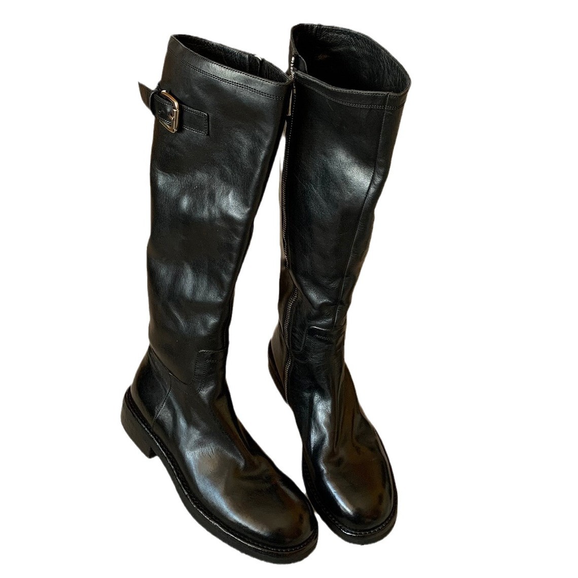 Women Boots:Cowhide Retro Style Leather Chunky Heel Thick Sole Long Boots Winter High-end Boots,Black/Brown,Free shipping