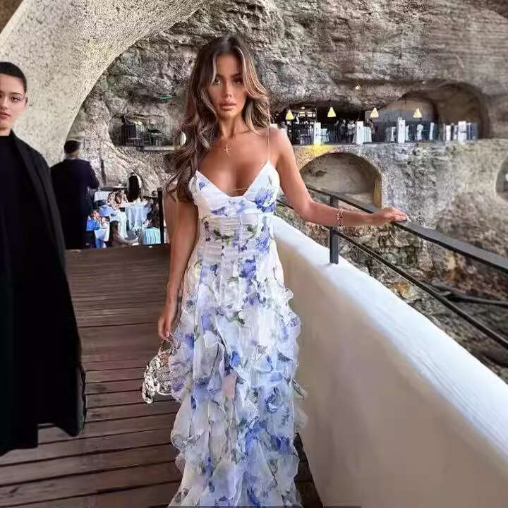 Spring/Summer Off Shoulder Women's Chiffon Printed Fairy Long Style Evening Dress 2024 New Casual Fashion Trendy Clothing