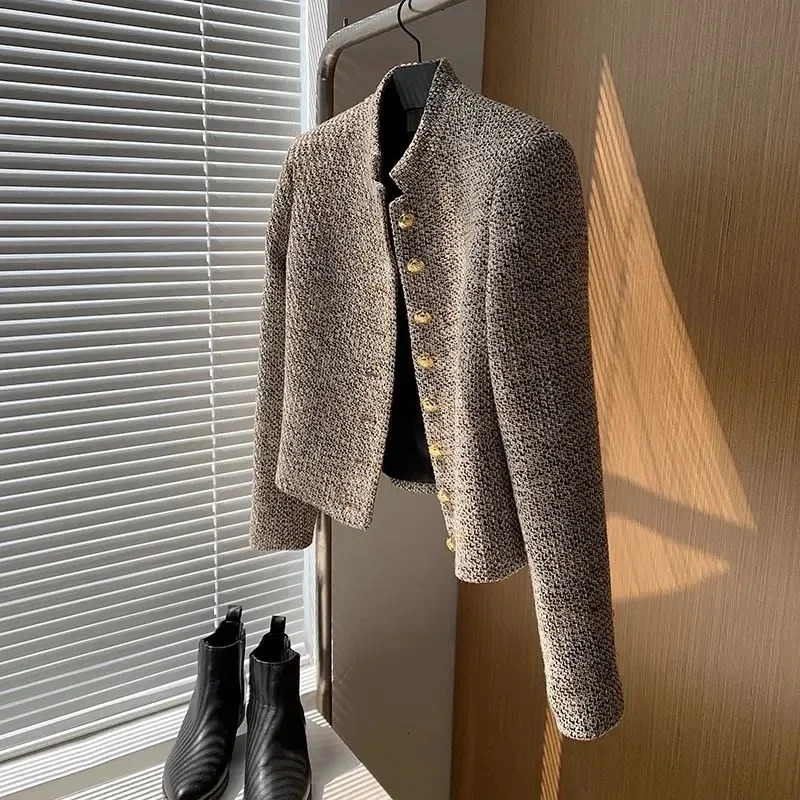 2024 Tweed Korea High Quality Short tweed jacket woman Korean Clothes Single-breasted Lady Blazer All-match Casual Coat Tops 241209