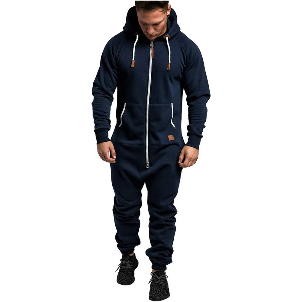 Mens Jumpsuit Pajamas Long Sleeve Sweatpants Splicing Autumn Winter Casual Hoodie Male Zipper Jumpsuit Streetwear Overalls 241209