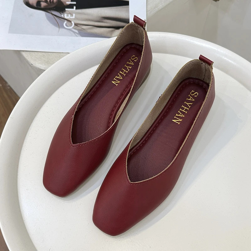 Meotina Women Genuine Leather Shoes Square Toe Flats Shollow Ladies Fashion Concise Career Shoes Spring Autumn Apricot 40 241209