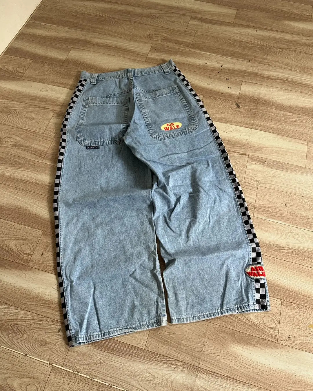 American Vintage Racing Check Flag Stripe Pattern Embroidered Jeans Mens Loose Straight Harajuku Y2K Style Skateboarding Pants 241206