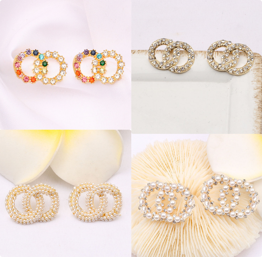 Women Designer Earrings Letter Stud 18K Gold Plated Crystal Pearl Earring Loop Party Wedding Jewelry Birthday Gifts