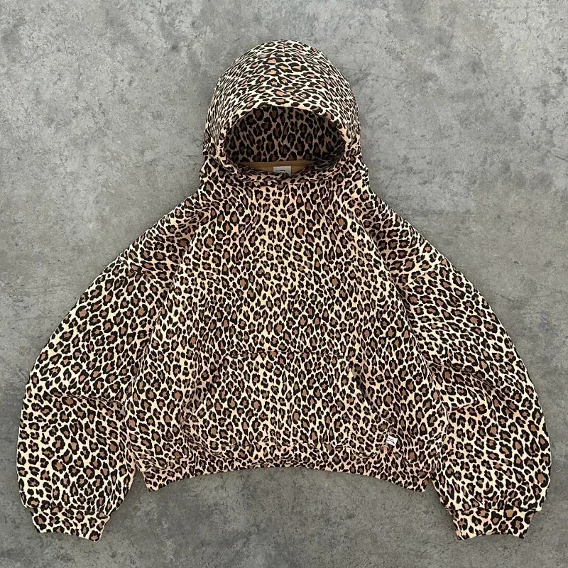 Leopard Print Plus Velvet Hooded Sweater American Retro 90s Lined with Plush Warm Zipper Shirt Oversized Unisex Clothing Winter 241209