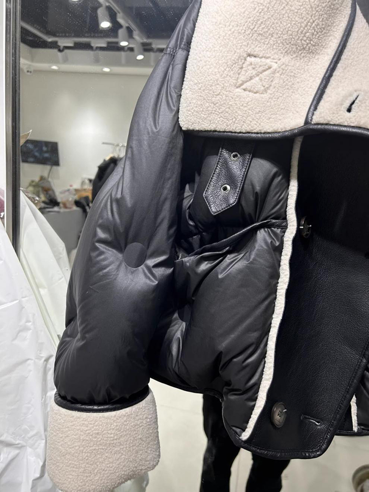 Winter Patchwork PU Leather Loose Parkas Lapel Women's Jackets White Duck Down Casual Coat Female Puffer Jacket