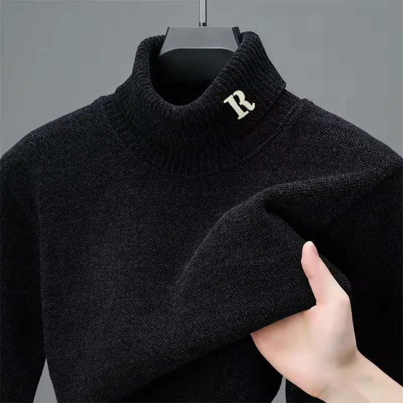 High end mens knitted sweater winter item exquisite letter embroidery plush thick Korean style high neck pull-out 241205