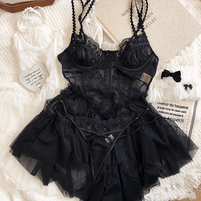 French Sexy Sleepwear Night Gown Sling Mesh Lace Gauze Nightdress Tutu Mini Dress Thin Pajama Nightwear Lingerie Set Nightgown 241209