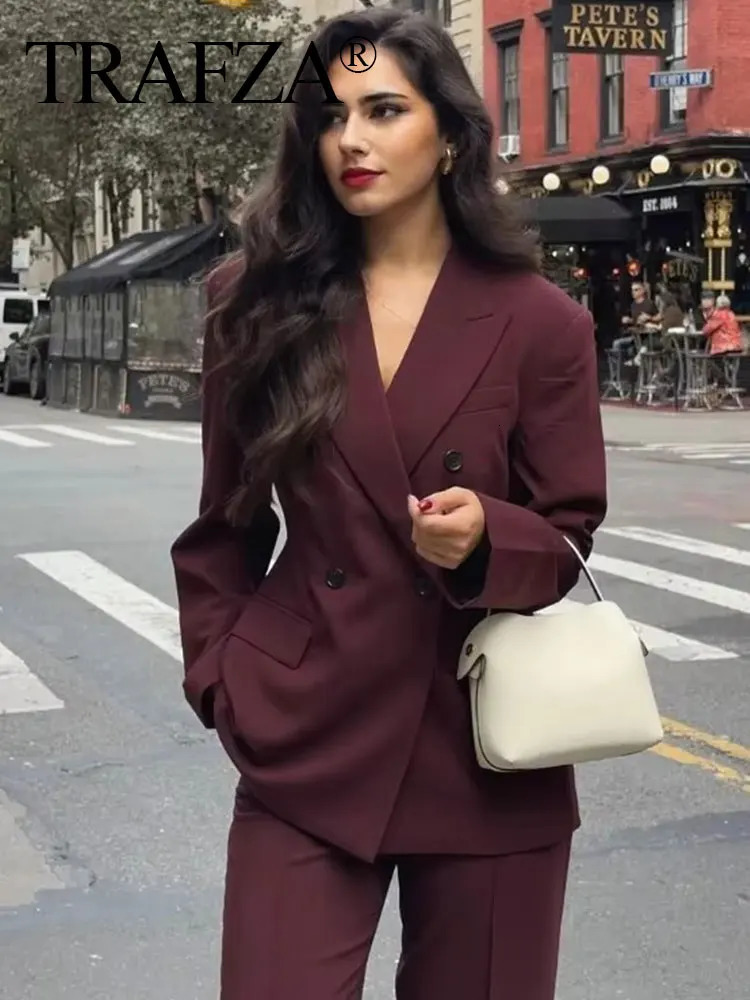 TRAFZA Vintage Woman Burgundy Red Blazer lapel Double Breasted Long Sleeve Suit Coat Womens 2024 Autumn Office Lady Outwear 241209