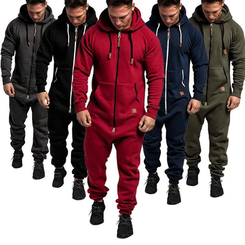 2024 Sports Men Warm Fleece Onesie Fluffy Lounge Adult One Piece Male Jumpsuits Hooded Onesies For Adult Running zip suit 241209
