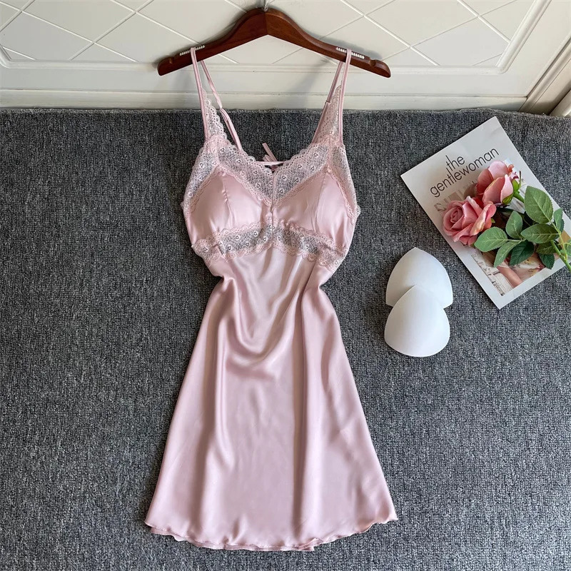 Sexy Spaghetti Strap Nightgown With Lace Soft Sleepwear Intimate Lingerie Casual Nightdress Nightwear Backless Homewear 241209