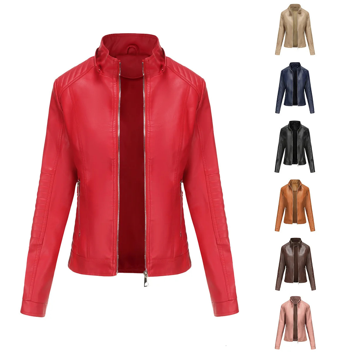 YJKDYK 2024 SpringSummer Womens Leather Jacket Solid Color Zipper Hoodie Detachable Hat Windproof 241209
