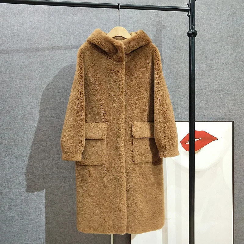 Womens long sleeved hooded wool jacket womens sheepskin wool long coat PT416 241202