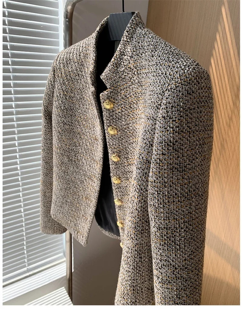2024 Tweed Korea High Quality Short tweed jacket woman Korean Clothes Single-breasted Lady Blazer All-match Casual Coat Tops 241209