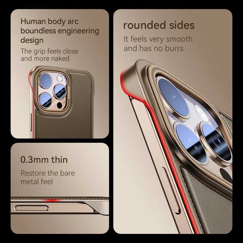 Luxury PC leather ultra-thin frameless phone case suitable for iPhone 12 13 14 15 16 Pro Max metal lens protection suitable for iPhone 16 15 Pro cover