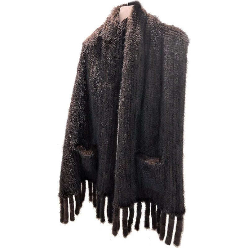 Mink fur shawl warm and fashionable in winter real fur double knitted scarf women fur shoulder ridge Bib large pocket tassel 241209