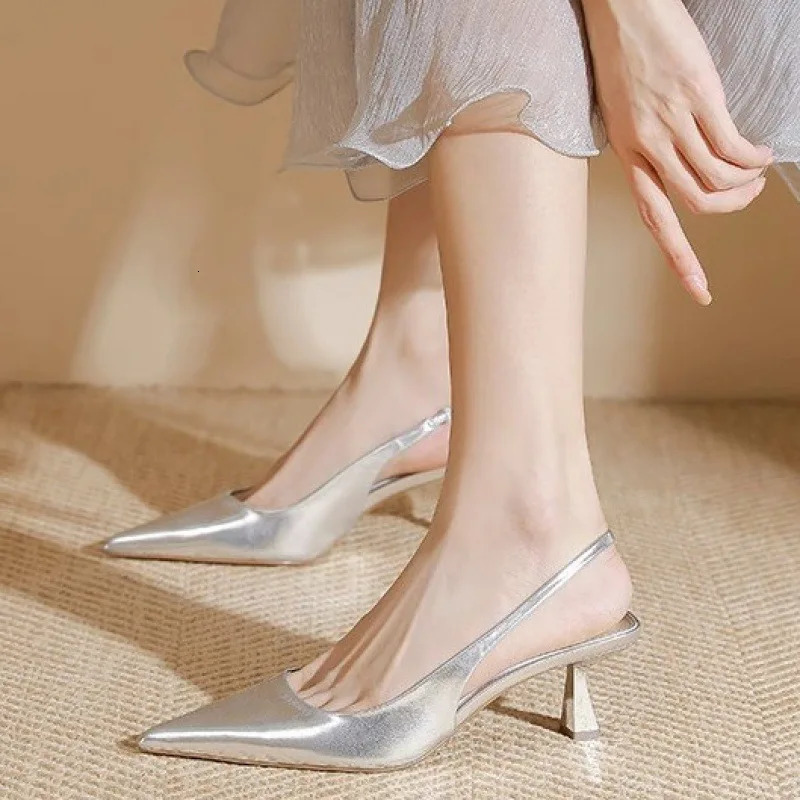 Elegant Low Heeled Sandals Women Kitten Heels Spring Summer Silver Pumps Pointed Toe Wedding Office Ladies Shoes Slingback 241209
