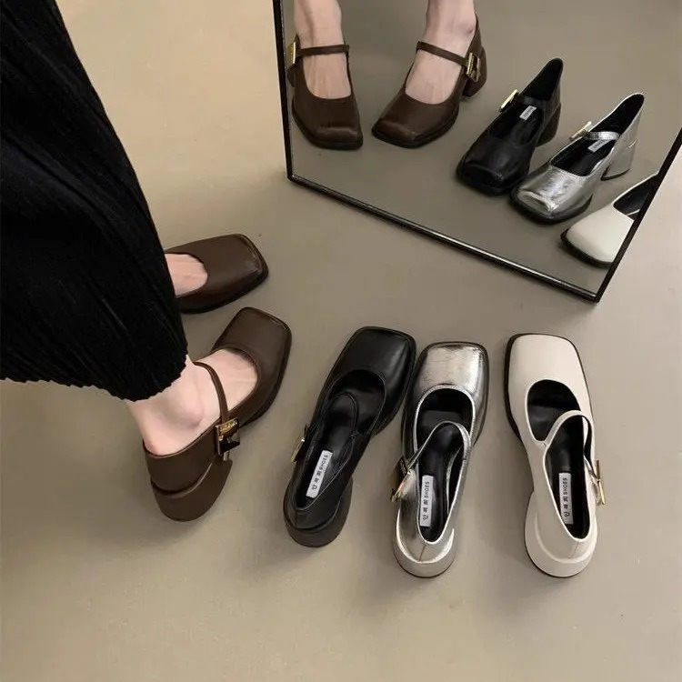 Autumn Women Fashion Square Toe Close Toe Ankel Strap Mules Ladies Elegant Mary Jane Ballet Shoes Mid Heel Dress Pumps 241209