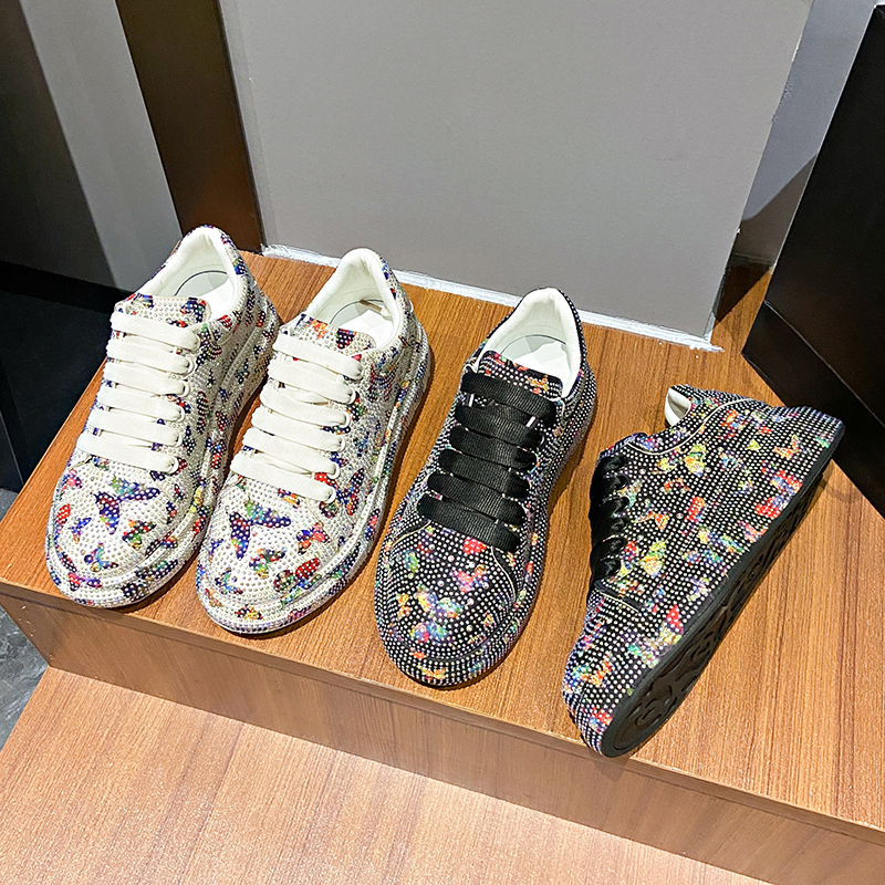Women's Luxury Sports Shoes Hand drawn Butterfly Flat Shoes Lace up Water Diamond Fashion Designer Casual Shoes Zapatos Mujer Shiny outdoor walki