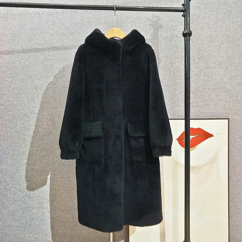 Womens long sleeved hooded wool jacket womens sheepskin wool long coat PT416 241202