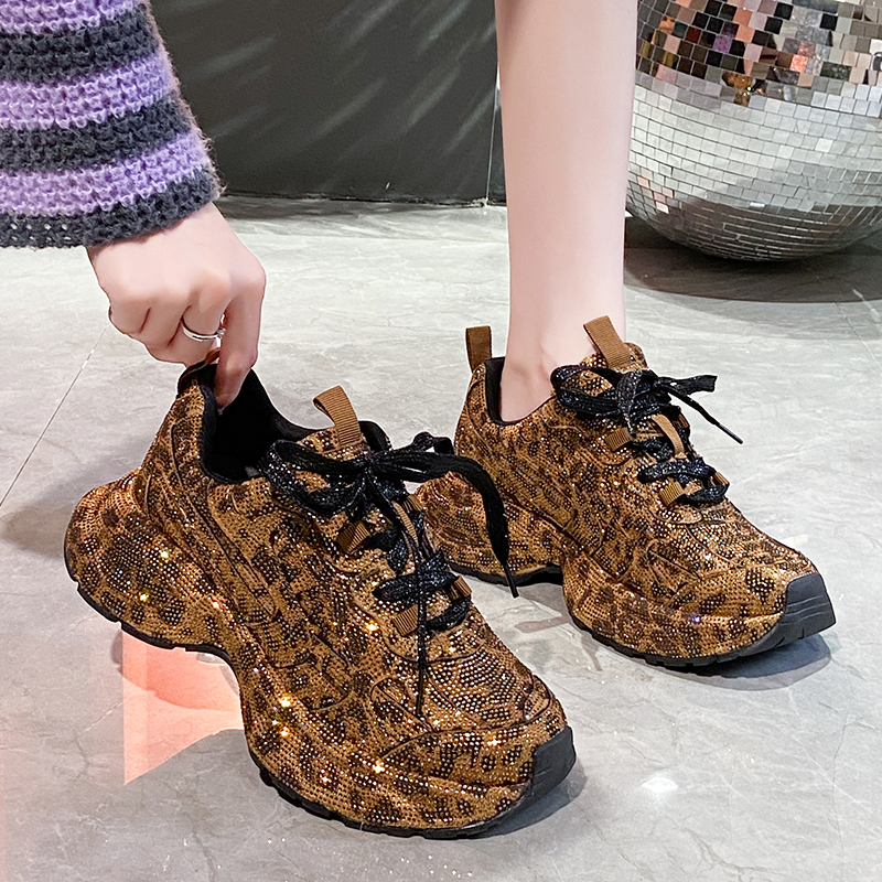 Luxury Full Diamond Thick soled Sports Shoes Designer Anti slip Running Shoes Women's Fashion Leopard Pattern Tennis Casual Shoes High quality Ou