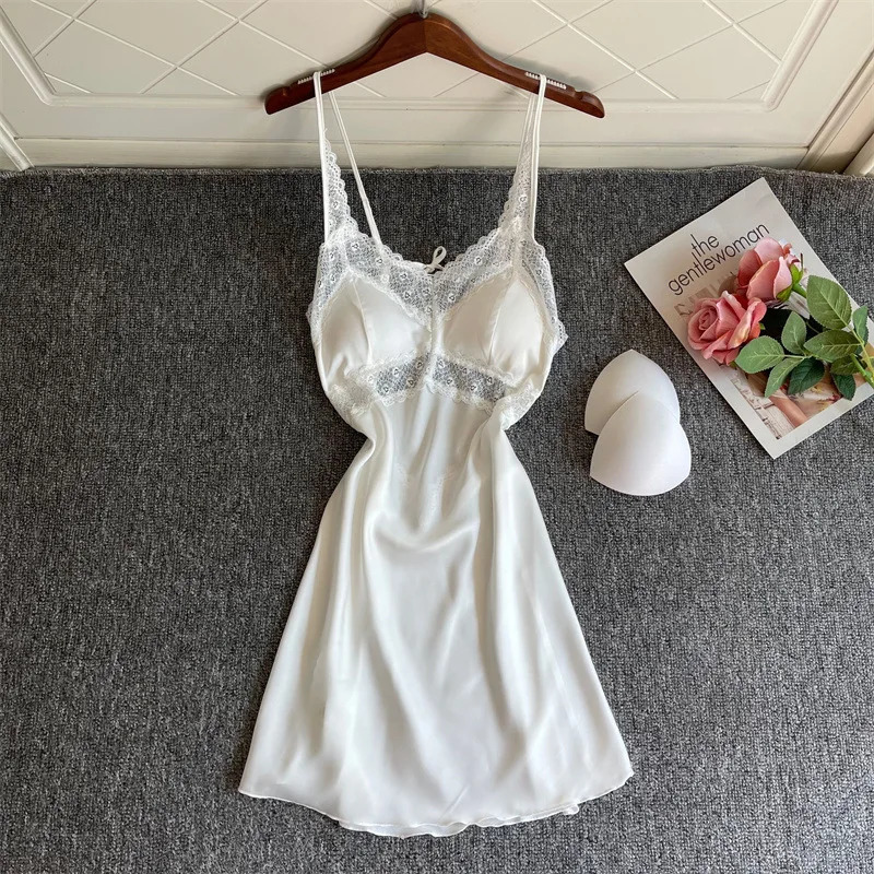 Sexy Spaghetti Strap Nightgown With Lace Soft Sleepwear Intimate Lingerie Casual Nightdress Nightwear Backless Homewear 241209