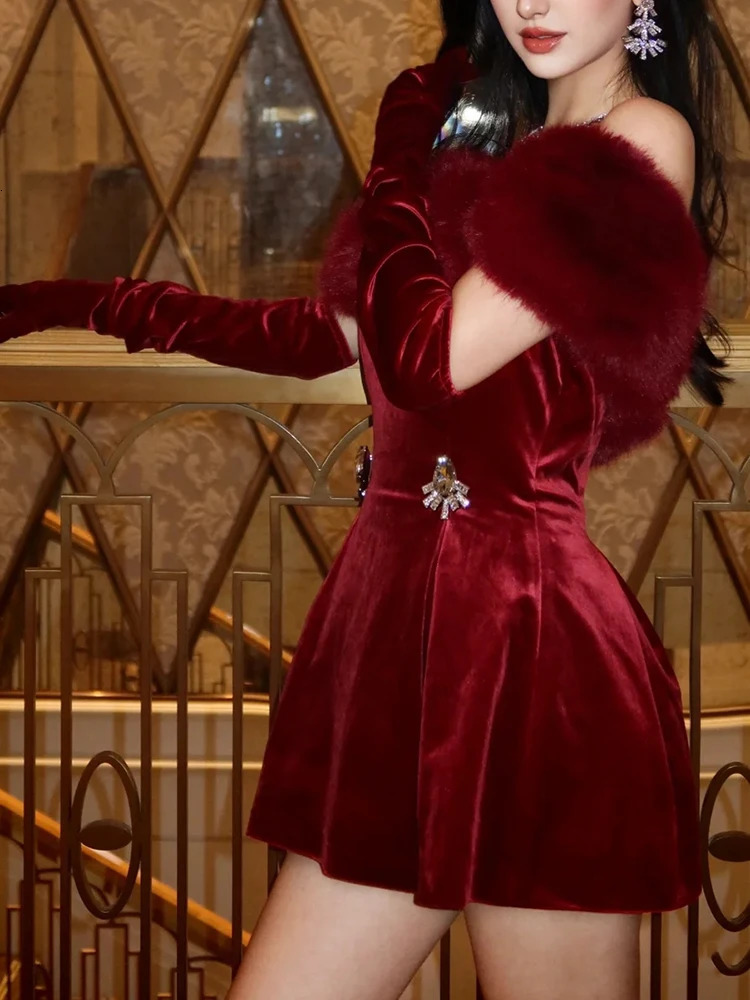 Galcaur Solid Splicing Fur Elegant Fashion Womens Slant Neck Shoulder High Waist Diamond Button Mini Dress Womens Style 241206