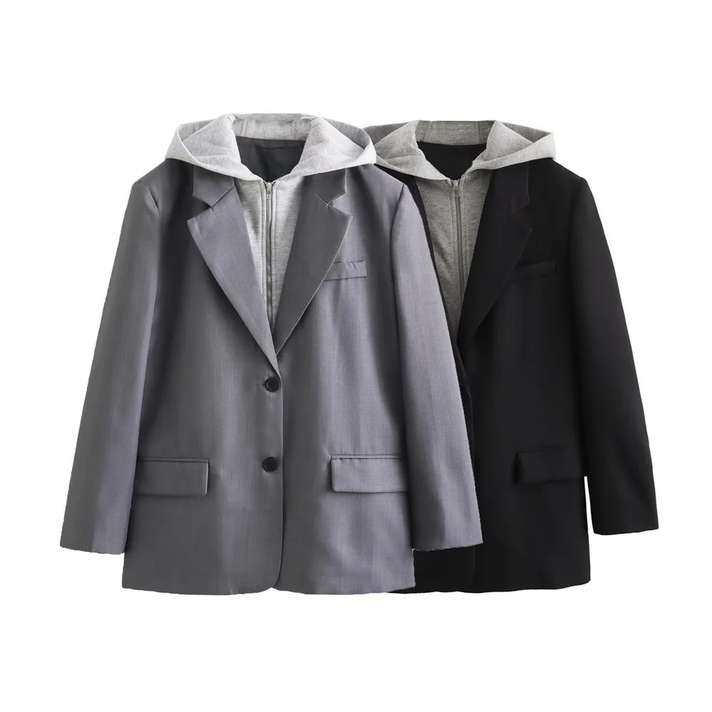 UNIZERA womens two-piece hooded jacket casual lapel loose fit jacket spliced suit spring autumn winter style 241209