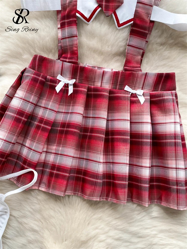 SINGREINY French Sexy JK Uniform Night Dress Hollow Out Tie Slim Nightwear Erotic Plaid Lingerie Women Pleated Pajamas Dresses 241209