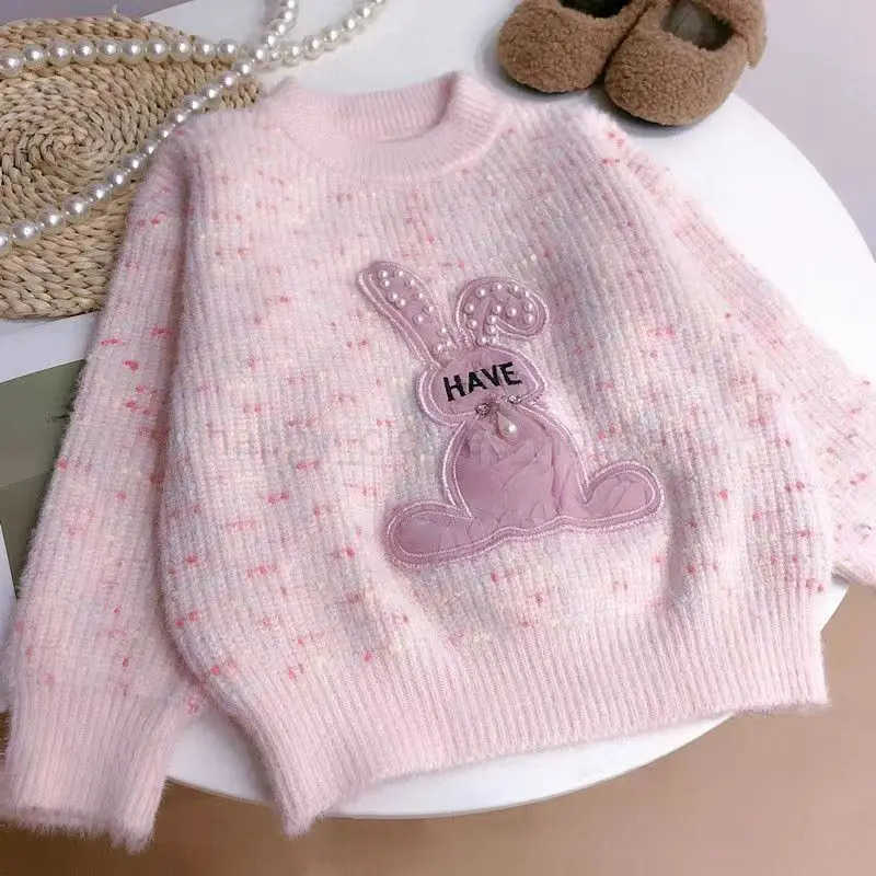 2024 Girl s Latest Pink Rabbit Childrens Fashionable And Cute Sweater Bead Rabbit Girl Sweater Girl KnitwearXJ241209