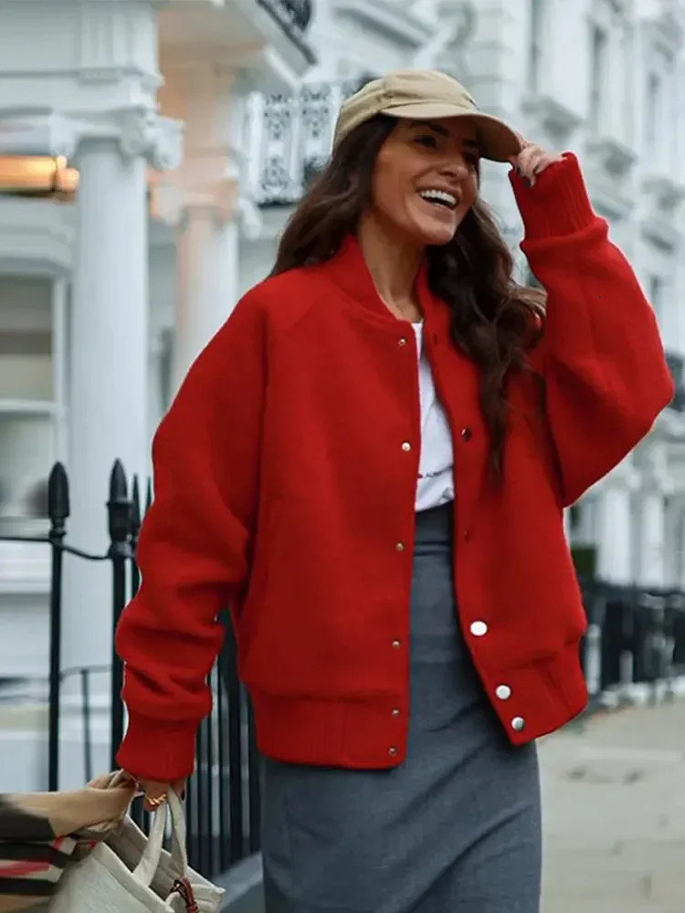 Casual Red Womens Coat Single Chest Long Sleeve O-Neck Pocket Womens Baseball Jacket Autumn Street Clothing Womens Coat 241206