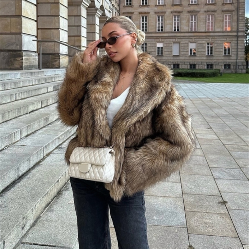 Women Chic Brown Oversized Full Sleeve Plush Furry Jacket Winter Lapel Thicken Fur Coat Lady High Streetwear 241206