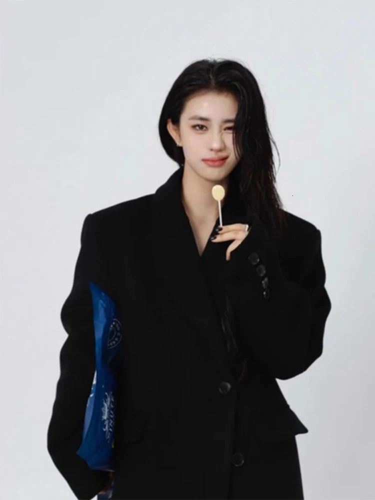 Black Lapel Long Blend Coats Tops Korea Fashion Cotton Padded Lined Casual Chaquetas Elegant Loose Women Jackets Casaco 241203Z