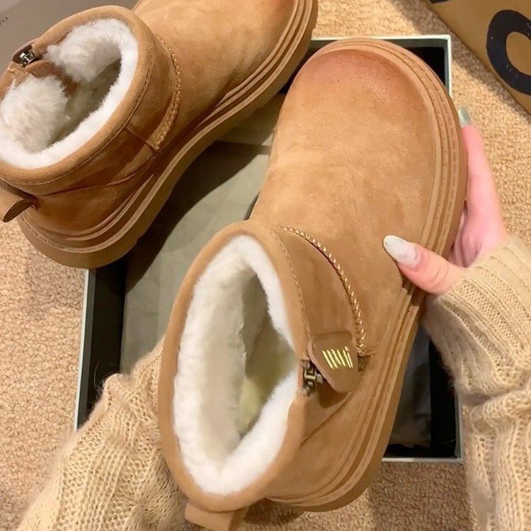 Women Winter Boots:Snow Boots 2024 New Fashion Velvet Thick Sole Outdoor Wear Fur Leather Water Proof,Light Tan/Khaki,Free shipping