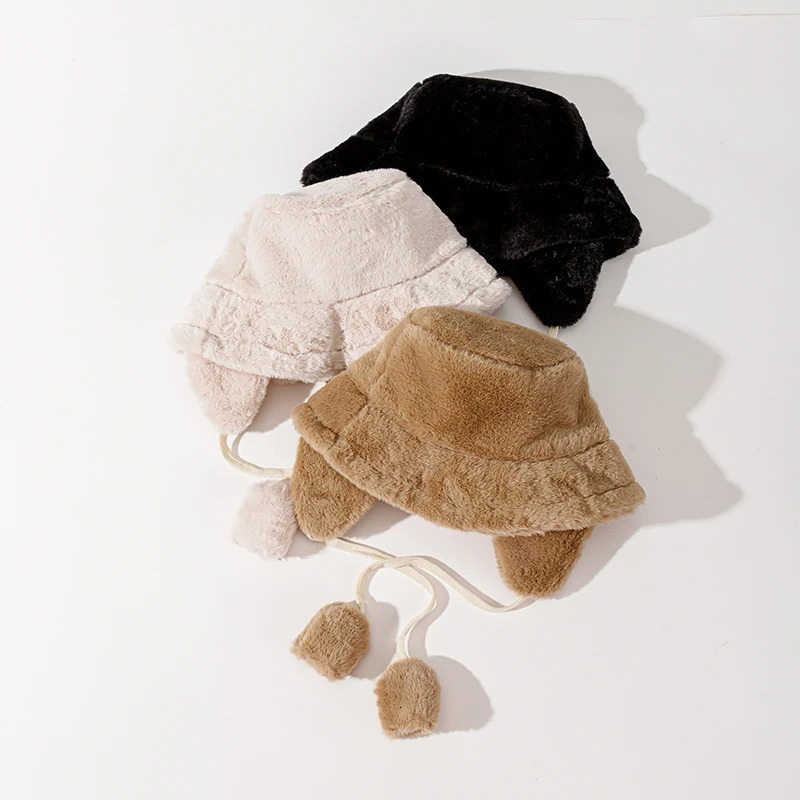 Winter warm bucket hat with ear cushions solid color thick plush ear cushions womens warm artificial fur ear cushions 241205