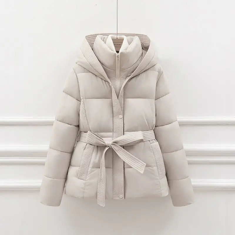 High end down jacket womens 2025 winter Parkas fashionable lace waist slim fit hooded cotton coat T665 241209