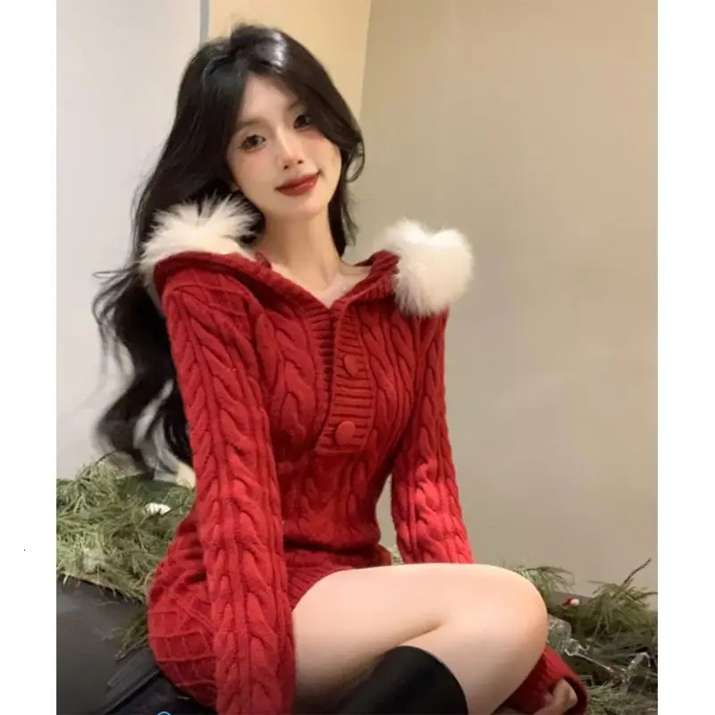 Winter Christmas Fashion Waist Weight Loss Long Sleeve Hoodie Knitted Red Dress Spicy Sexy Wrap Hip Mini Womens Wear 241206